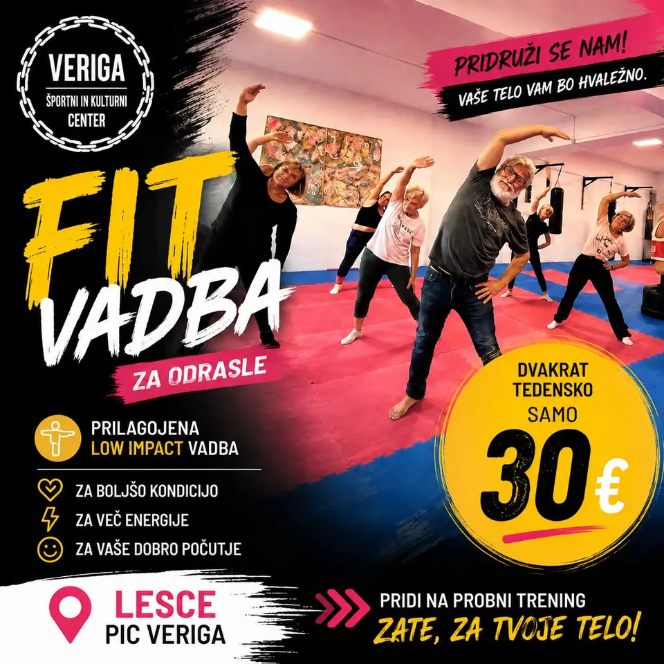 Plakat FIT vadba za odrasle: prilagojena low impact vadba dvakrat tedensko za 30 €