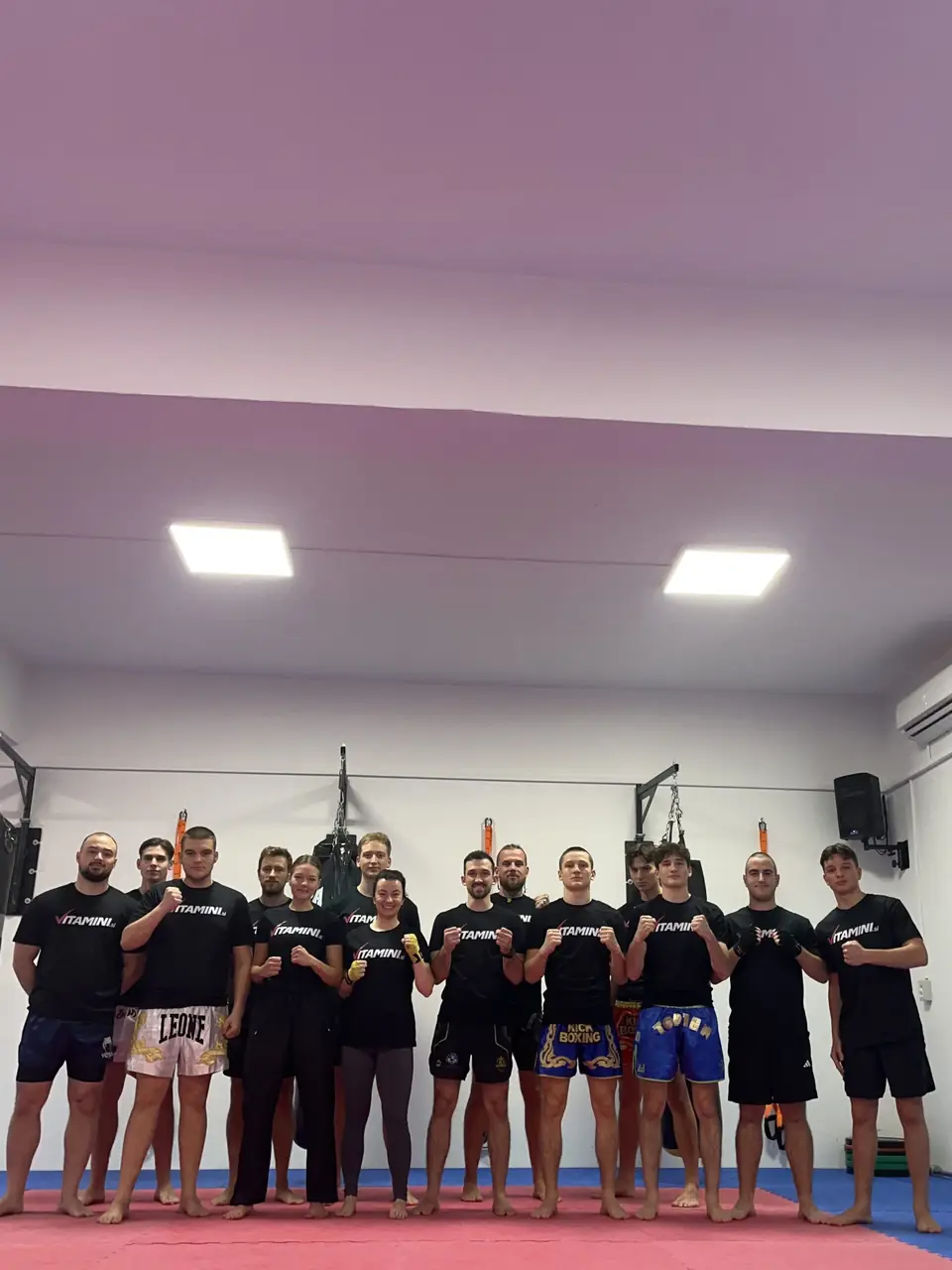 Skupina odraslih kickboksarjev v vrsti v dvorani Centra Veriga
